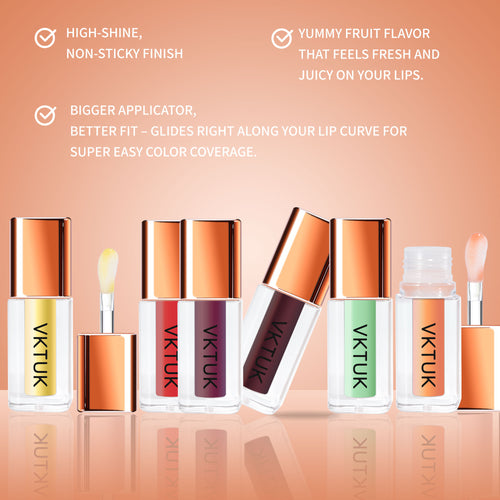 VKTUK 6-Color Fruity Flavor Lip Oil Set for Women - Hydrating, Plumping, Non-Sticky, Shiny, Long-Lasting Moisturizing Lip Makeup Kit