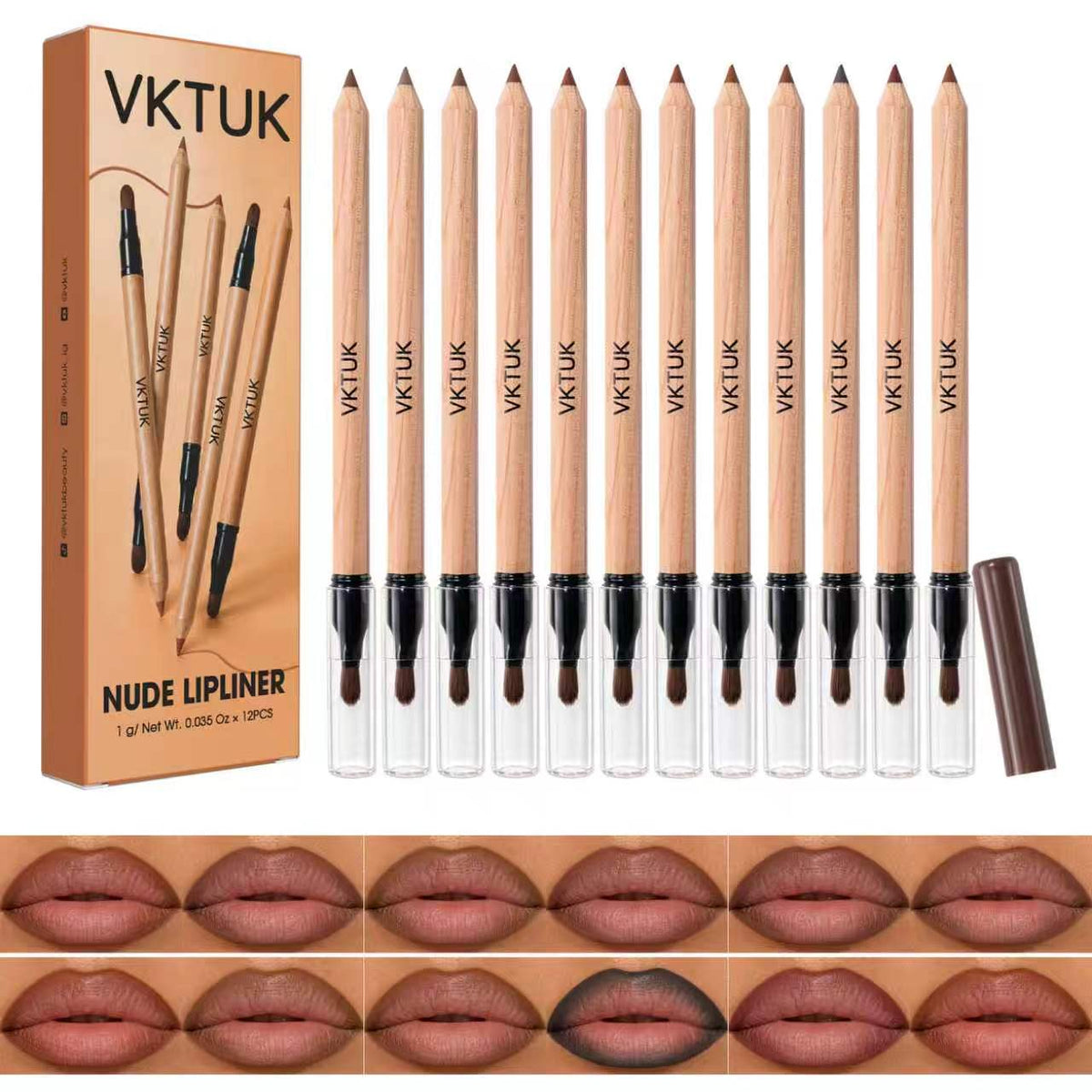 VKTUK 12 Shades Nude Lip Liner Set with Built-in Lip Brush